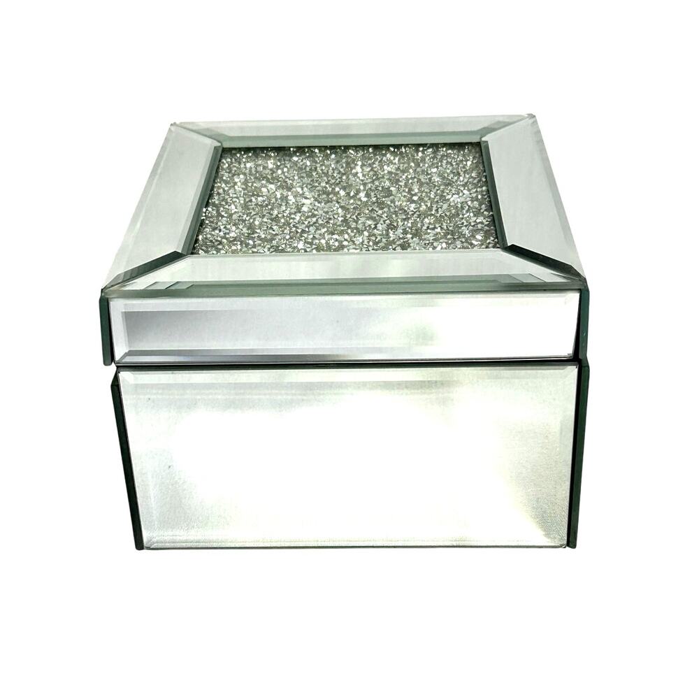 Mirrored Beveled Trinket Jewelry Box Sparkling Rhinestone Top-Velvet Lined